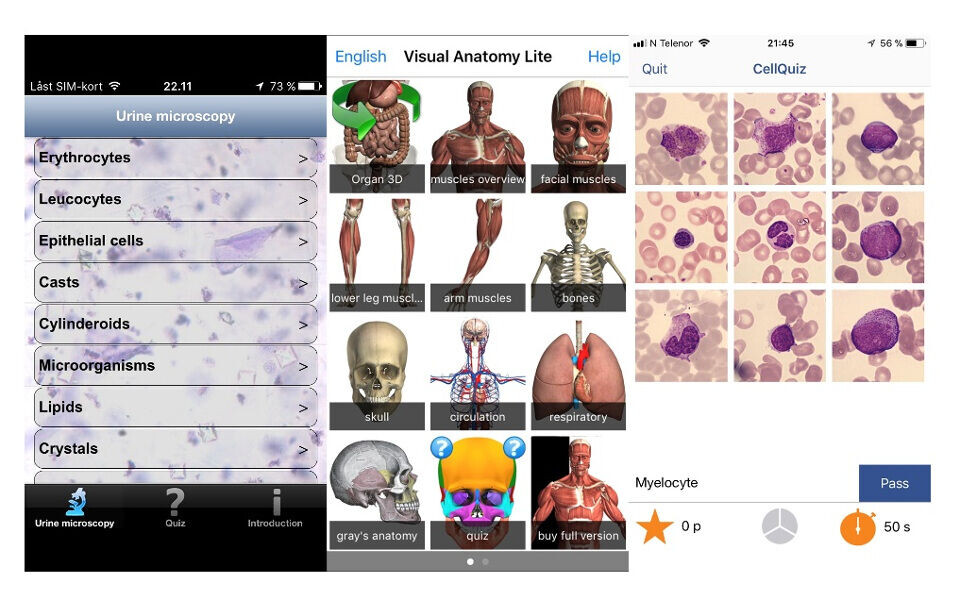 Fra venstre: Urinemicro, Visual Anatomy Lite og CellAtlas. Det finnes flere apper som er faglig nyttige for bioingeniører og bioingeniørstudenter.