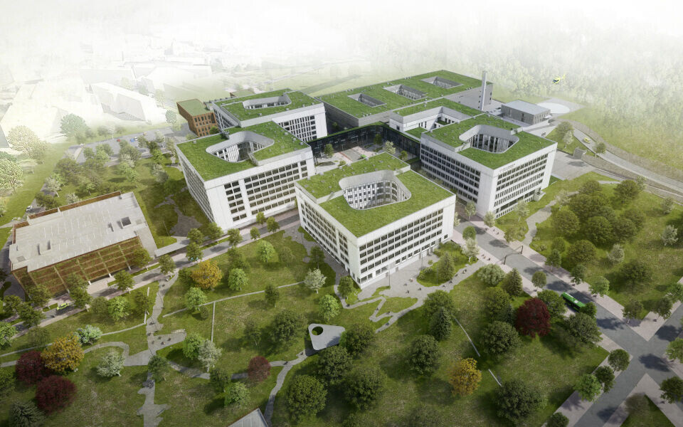 NYE SUS: Første byggetrinn av Nye Stavanger universitetssjukehus skal være ferdig om under to år. Da skal det se slik ut. Laboratoriene skal inn i B-bygget, bakerst til høyre. Illustrasjon: Nordic Office of Architecture / Nye SUS