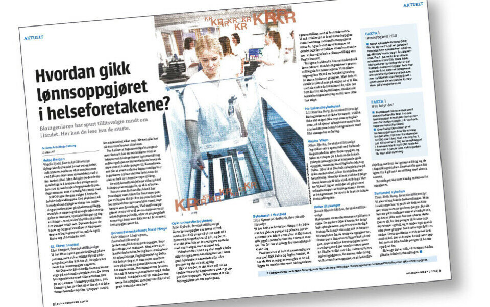 Årets lønnsoppgjør i helseforetakene var krevende. Faksimile fra Bioingeniøren nr. 7, 2018.