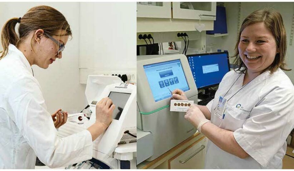 Figur 3. Next generation sequencing i nyfødtscreening: Massiv parallell sekvensering, såkalt Next Generation Sequencing, er nå innført som et bedre alternativ til DNA-metodene i CF-screening. På bildene betjener Emma Lundman (til venstre) en IonTorrent PGM, mens Junita Gaup arbeider ved en Illumina MiSeq resp. Figur 3