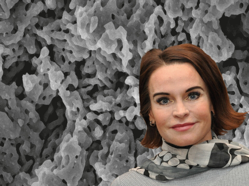 Norske Maria Strømme foran bilde av sin yndlingspatent; nanomaterialet 'Upsalite'. Foto:Svein-Arild Nesje-Sletteng. Fotomontasje: Ketill Berge.