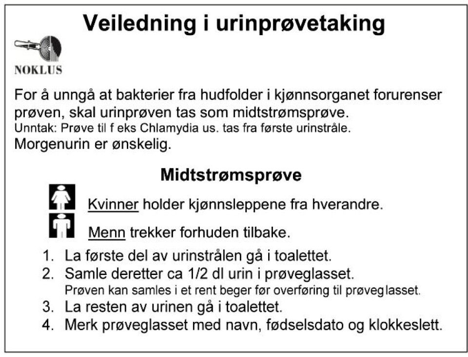 Bilde 1: NOKLUS har laget en enkel veiledning i urinprøvetaking. Veiledning i urinprøvetaking.