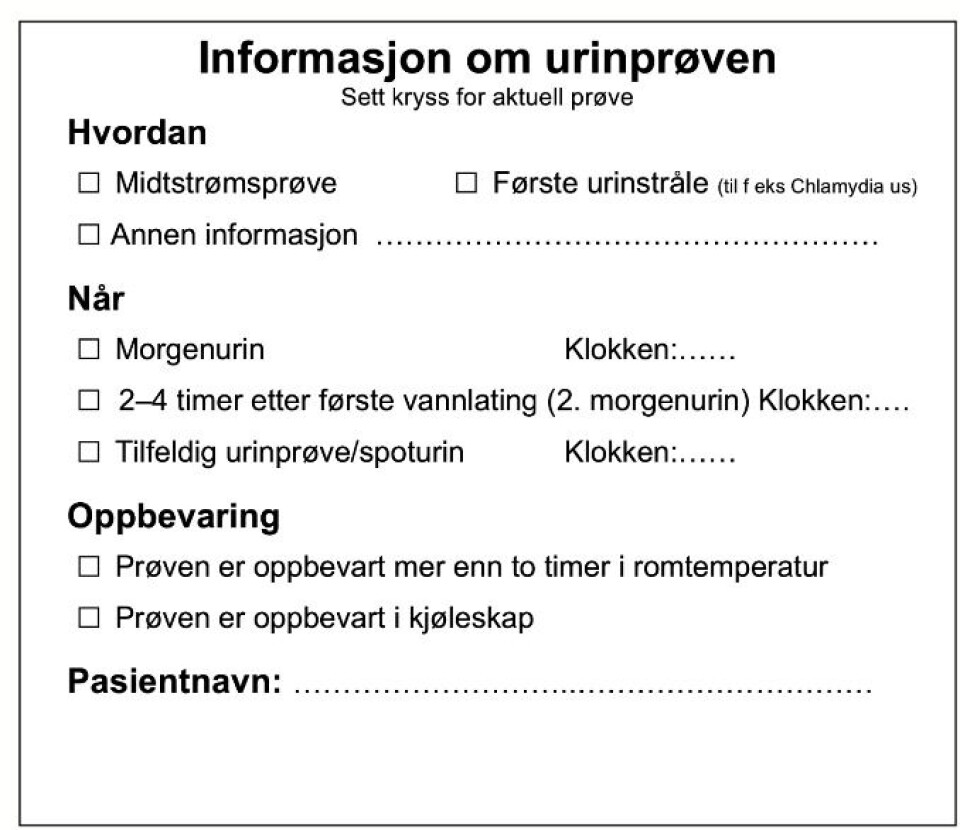 Bilde 3: Det beste er om pasienten selv kan fylle ut avkrysningsskjemaet. Informasjon om urinprøven, avkrysningsskjema.
