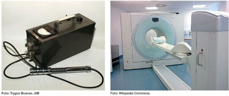 Figur 2: Fra håndholdt Geiger-Muller teller til dagens avanserte utstyr (PET/CT-skanner). Figur 2: Fra håndholdt Geiger-Muller teller til dagens avanserte utstyr (PET/CT-skanner).