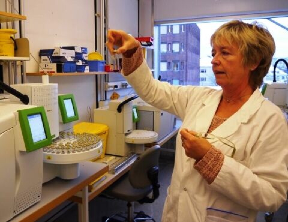 Bente Larsen betrakter en blodprøve som skal til bekreftende etanolanalyse.