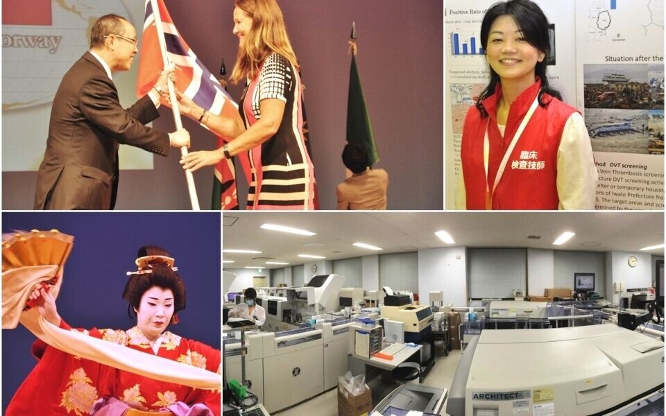 Øverst: BFIs fagstyreleder, Rita von der Fehr, bar det norske flagget under åpningsseremonien. Til høyre: Japanske bioingeniører fortalte om hvordan de ga medisinsk hjelp til ofre for tsunamien og jordskjelvet i 2011. Under: Tradisjonell japansk kultur og høyteknologiske sykehuslaboratorier preger kongressen. Til venstre: Fra åpningsseremonien. Til høyre: Laboratoriet på Kobe universitetssykehus. Alle foto: Svein Arild Nesje-Sletteng