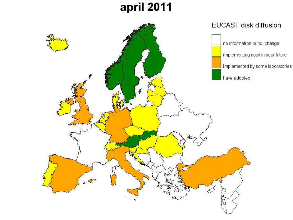 Figur 2. I april 2011 användes EUCASTs lappdiffusionsmetod i 12 europeiska länder helt eller delvis, och ytterligare 16 länder planerade en övergång.