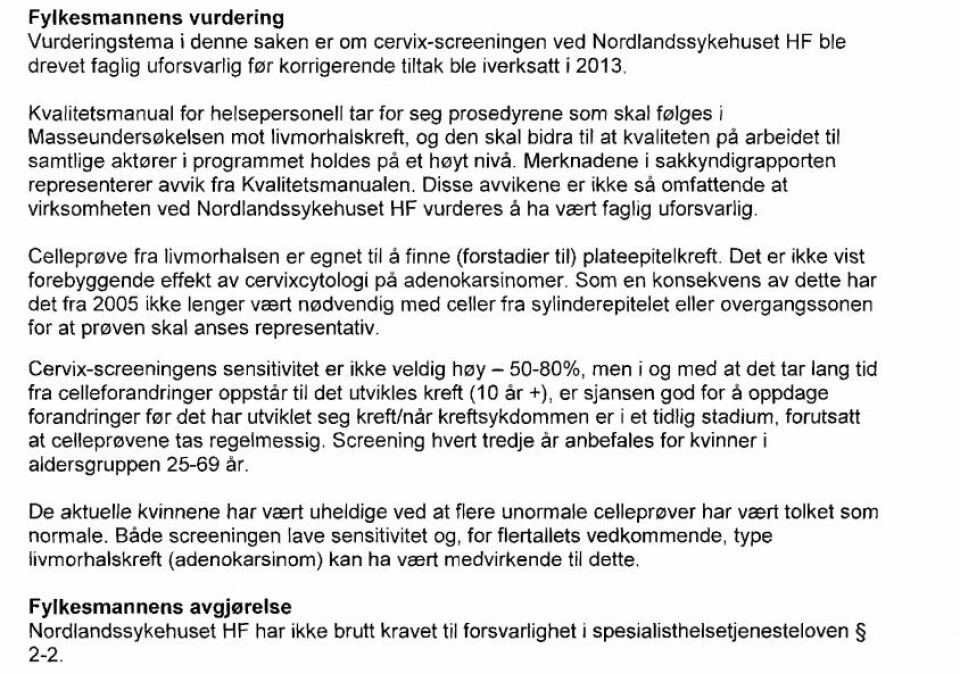 Hovedkonklusjonen i Fylkesmannens granskning. Kilde: Nordlandssykehuset