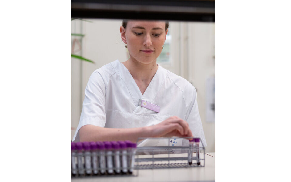 Elise Kvammen er nyutdannet bioingeniør, og hadde sin første arbeidsdag på laboratoriet på Kvinneklinikken i sommer. Fremdeles er det en del arbeidsoppgaver hun ikke har helt under huden. – Alt handler om mengdetrening. Jo flere ganger jeg gjør en oppgave, jo tryggere blir jeg, og jo mindre energi krever det av meg, sier Kvammen.