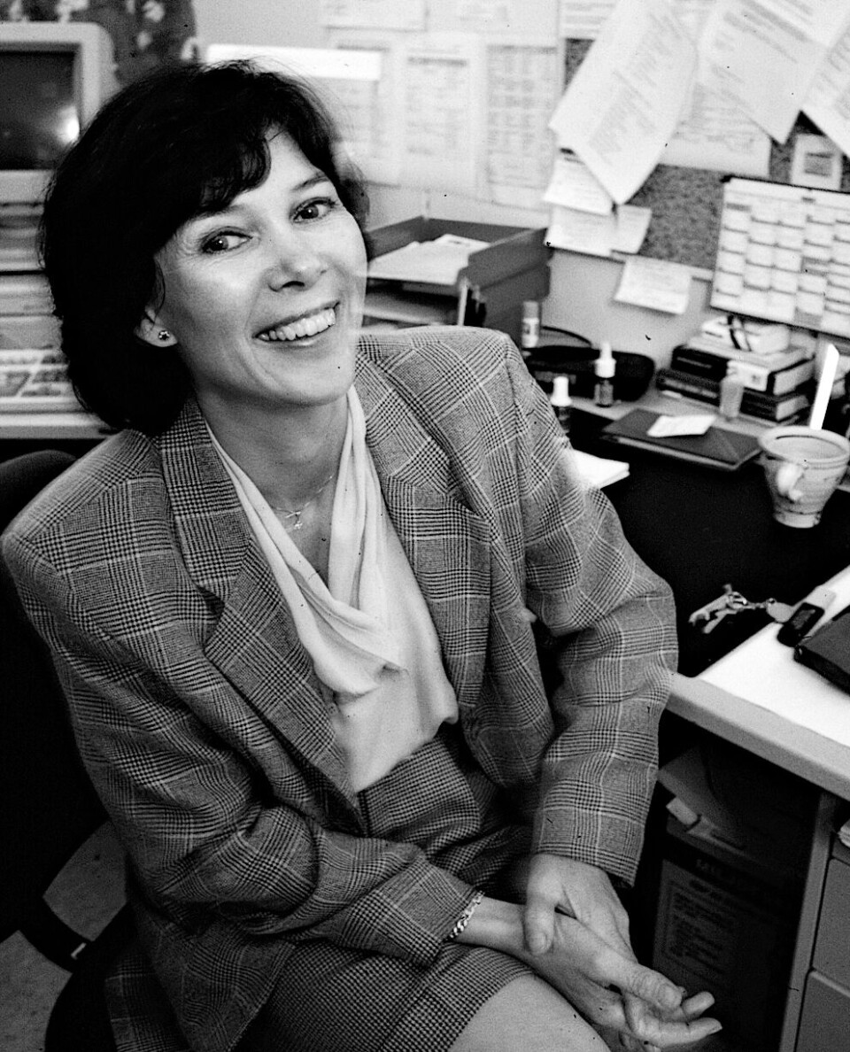 Ada Schreiner var leder for NOBI fra 1987 til 1993. Her fra kontoret i Lakkegata i Oslo. Foto: Bioingeniørens arkiv.