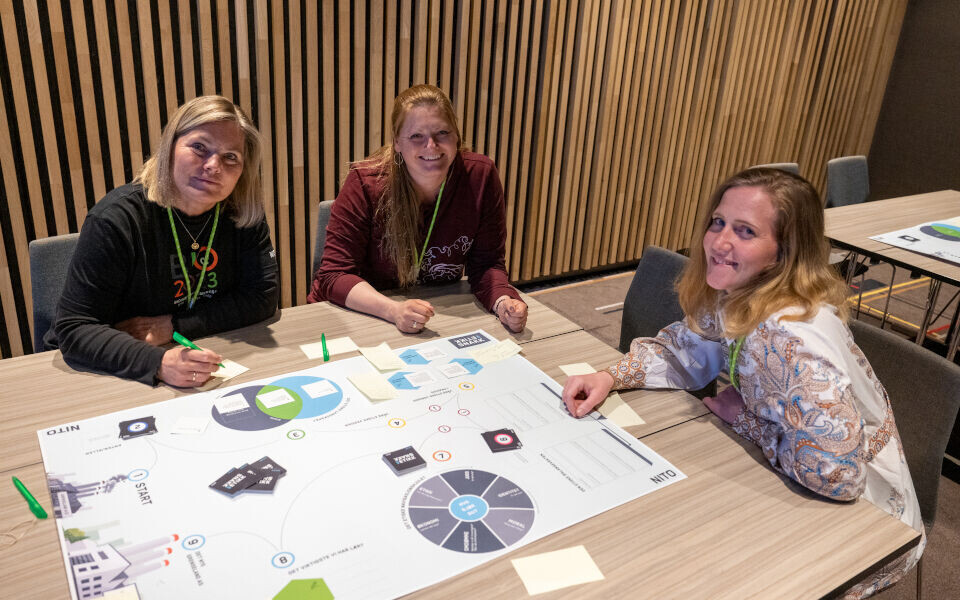 Det var flere muligheter for å spille etikkspillet på kongressen. Her er det Else-Berit Stenseth (Høgskolen i Innlandet), Sarah Rousing Østedgaard Andersen (Aalborg universitetshospital) og Anette Christensen Lie-Jensen (Høgskolen i Østfold) som har samlet seg rundt spillbordet. Foto: Bjarne Krogstad, NITO