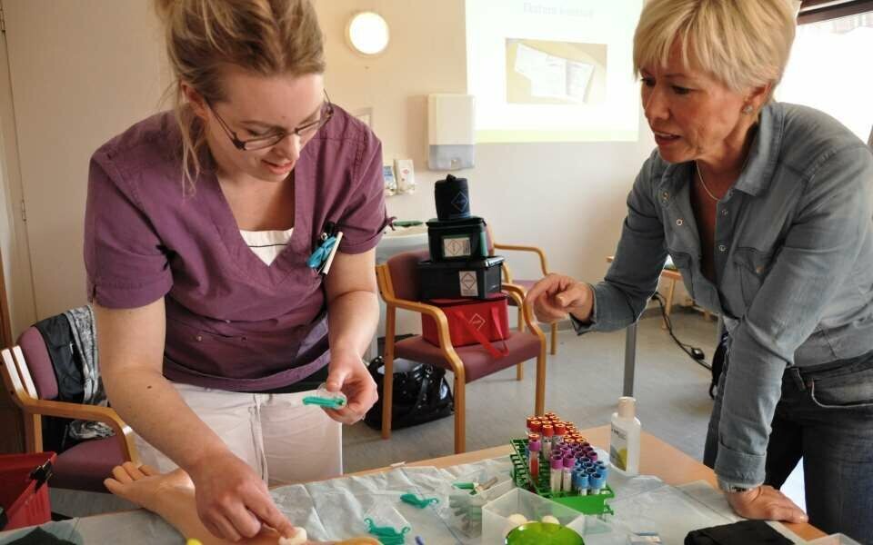 Laboratoriekonsulent Torny Bjerketvedt (t.h.) holder kurs for hjemmetjenesten i Våler i Østfold, våren 2015. Arkivfoto.