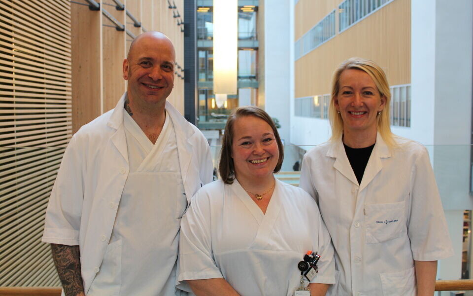 Tre forfattere, to artikler, ett sykehus. Fra venstre: John Christopher Noone, Monica Jenssen Nybruket og Hege Smith Tunsjø (Vahid Bemanian var ikke tilstede da bildet ble tatt). Foto: Geir Boye Lindhjem, Ahus.