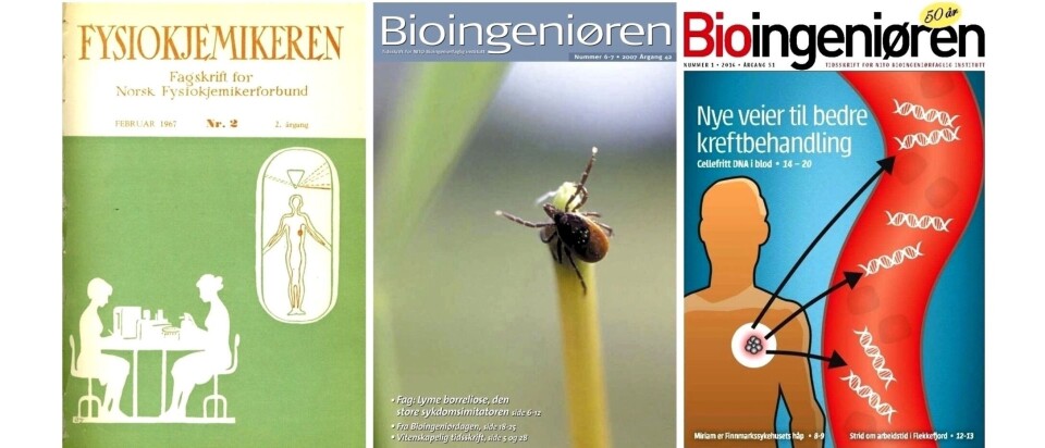 Forsider fra 1967, 2007 og 2016 illustrerer hvordan Bioingeniøren har endret utseende mange ganger opp gjennom årene.