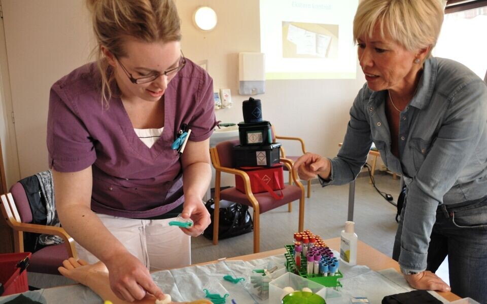 Laboratoriekonsulent Torny Bjerketvedt (t.h.) holder kurs for hjemmetjenesten i Våler i Østfold, våren 2015. Arkivfoto: Svein Arild Nesje-Sletteng
