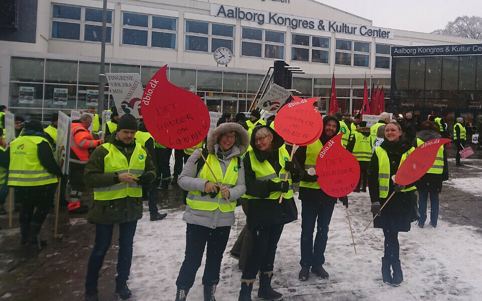 'Det handler om lønnen'. Danske bioanalytikere markerer seg med plakater på et av fagbevegelsens arrangementer. Foto: Privat