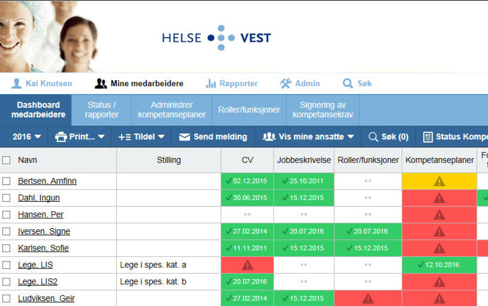 Slik kan oversikten til en leder se ut. Dersom modulen for kompetanseplaner er markert grønn, er alle kompetanseplanene godkjent. Dersom det er markert gult, er krav påbegynt eller i ferd med å utløpe, og dersom det viser rødt, er krav utløpt eller det er kompetanseplaner som venter på godkjenning.