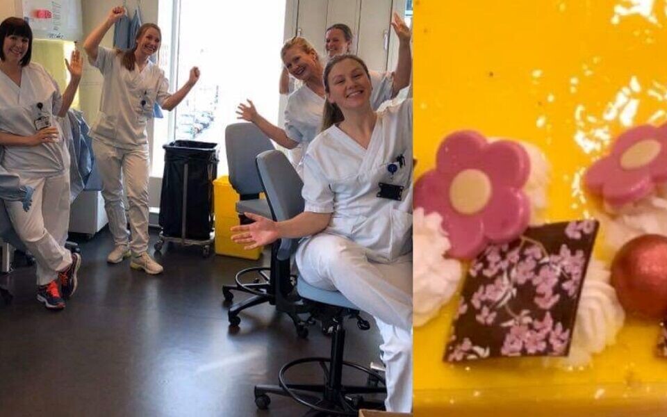 Månedens kryssordkake gikk til bioingeniørene på mikrobiologiavdelingen på St. Olavs hospital. Foto: Privat
