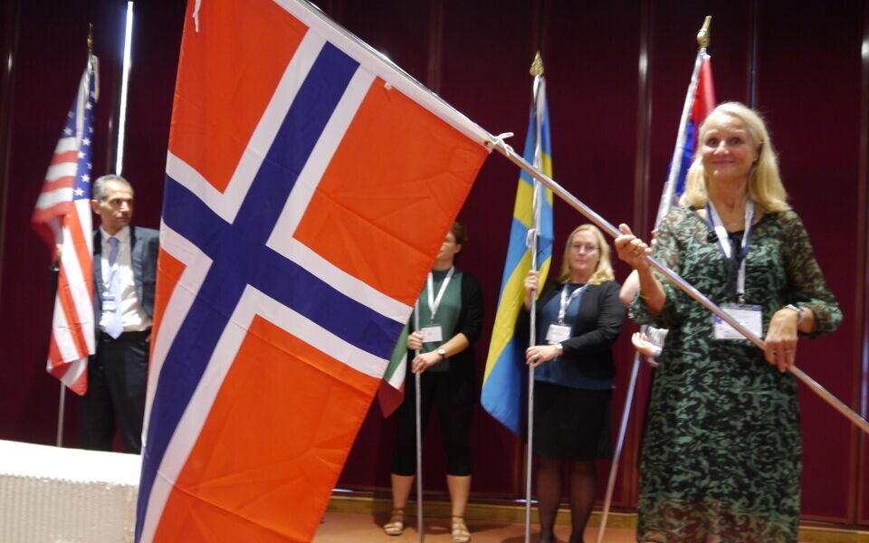 Rita von der Fehr, leder for BFIs fagstyre, bar Norges flagg under innmarsjen.