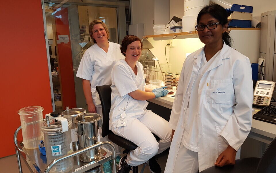 Bioingeniørene på mikrobiologisk avdeling på Haukeland universitetssjukehus får inn langt flere prøver enn normalt på grunn av Campylobacter-utbruddet. Fra venstre: Kristin Mølster Hopland, Ellen Meyer Kongsvik og Sukanya Sivanantham. Foto: Privat