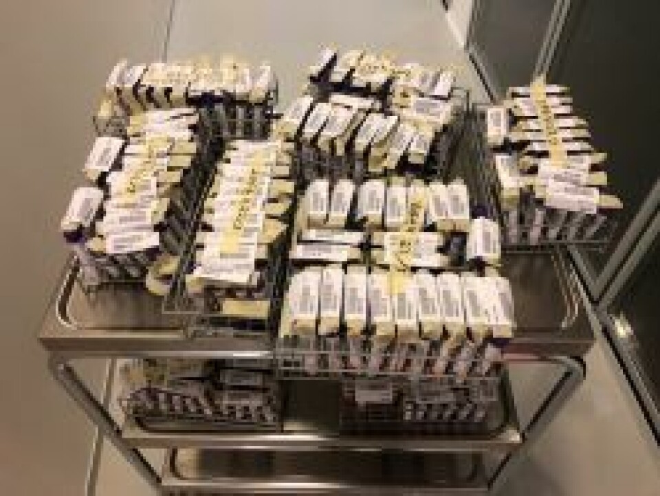 Det genereres eget poolnummer som klistres på prøvene som inngår i en pool. Disse følger prøven i LIS-systemet Unilab. Foto: Randi Monsen Nygaard