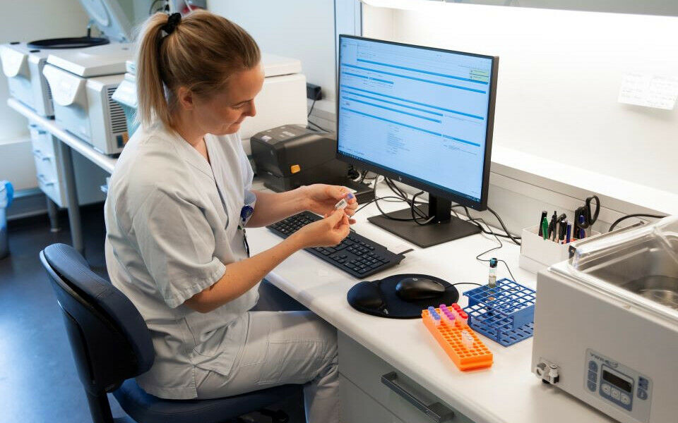 Informasjon om forskningsprøvene registreres i datalagringssystemet BIOBYTE. Foto: Jørn Ove Sæternes, NTNU