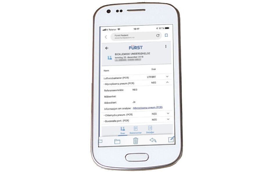 PRØVESVAR: Slik vises prøvesvarene på nett. Dersom et prøveresultat er utenfor referanseområdet, vises det i rødt. Legen kan legge inn kommentarer til undersøkelsen som pasientene kan lese ved å trykke på det midterste ikonet nederst på siden.