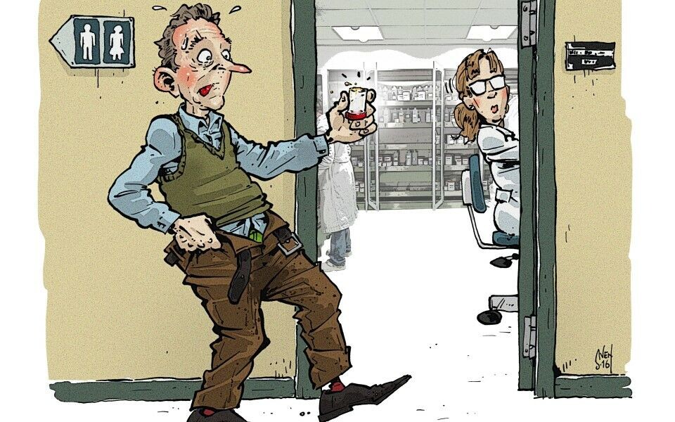 'Han hadde rett og slett snudd glasset opp ned og tisset i den lille fordypningen i bunnen!' Illustrasjon: Sven Tveit