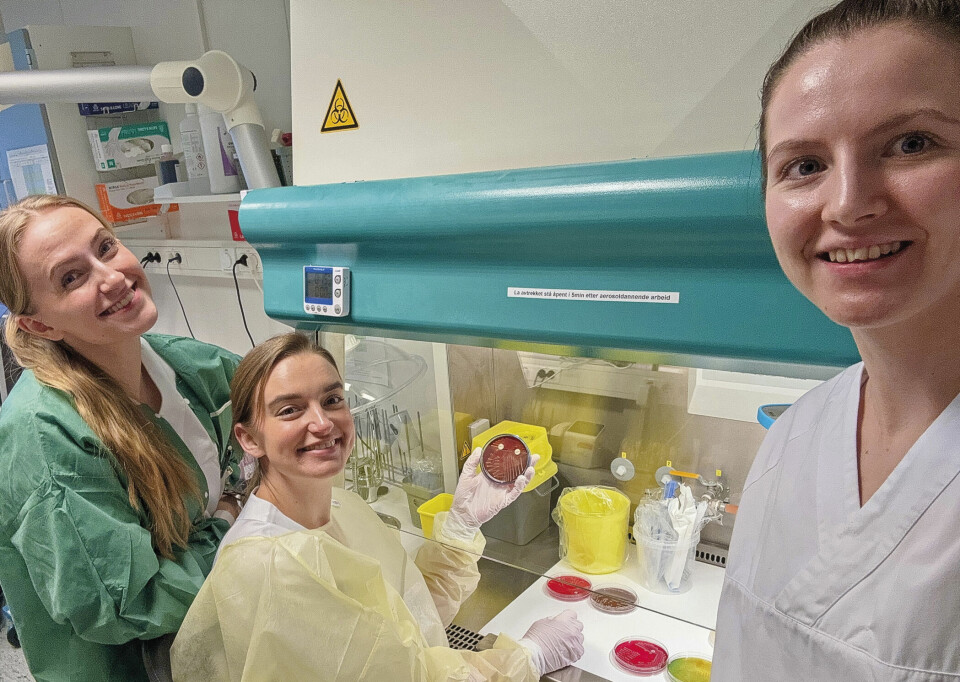 Tredjeårsstudentene (f.v.) Jenny Præsterud, Beathe Børresen og Elvida Skare lar seg inspirere i praksis når de skal lage escape room som læringsressurs i CaseMedLab. Jenny Præsterud, Beathe Børresen og Elvida Skare