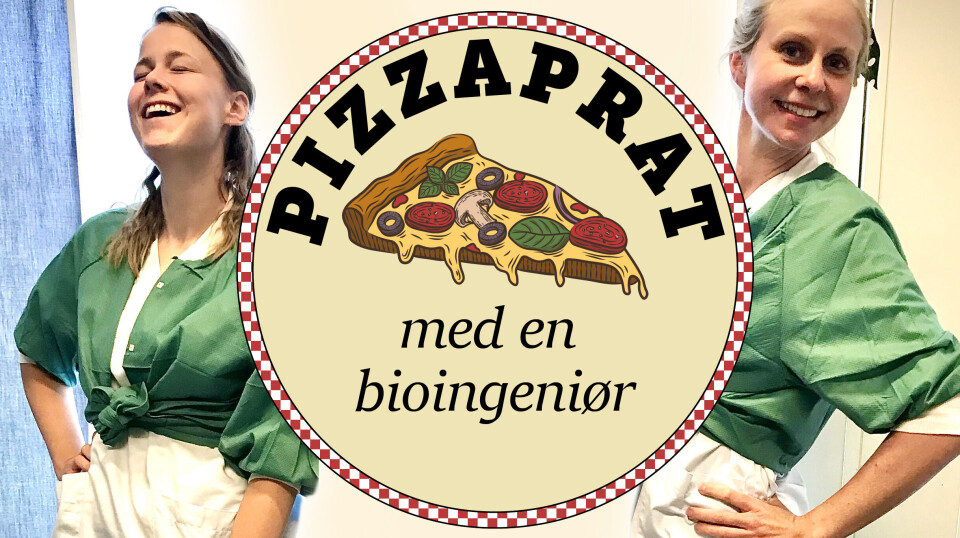 Podkastvertene Heidi Wattengård og Kari Anne Hoset har fått laget sin egen logo. De var tidligere kolleger på histologilaboratoriet på St. Olavs hospital, der bildet av de laboratoriekledde bioingeniørene er tatt. Pizzaprat med en bioingeniør logo