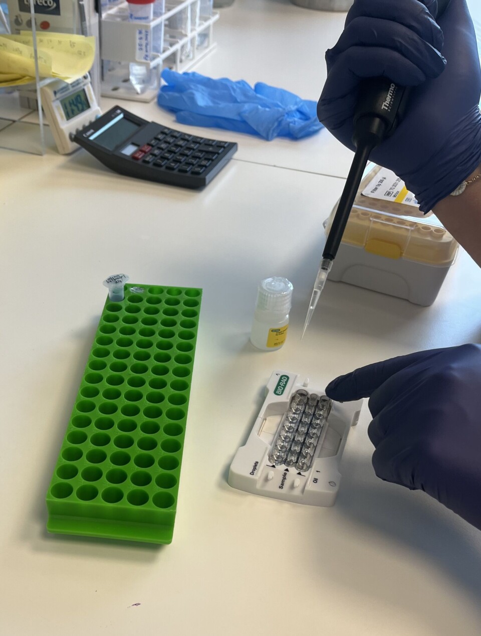 1. Reaksjonsblandingen, bestående av blant annet templat, primer og probe, pipetteres i egne brønner, mens olje pipetteres i andre brønner. 1. Reaksjonsblandingen, bestående av blant annet templat, primer og probe, pipetteres i egne brønner, mens olje pipetteres i andre brønner.