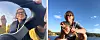 To bilder av en kvinne utendørs ved vannet, med en fisk i det høyre bildet.